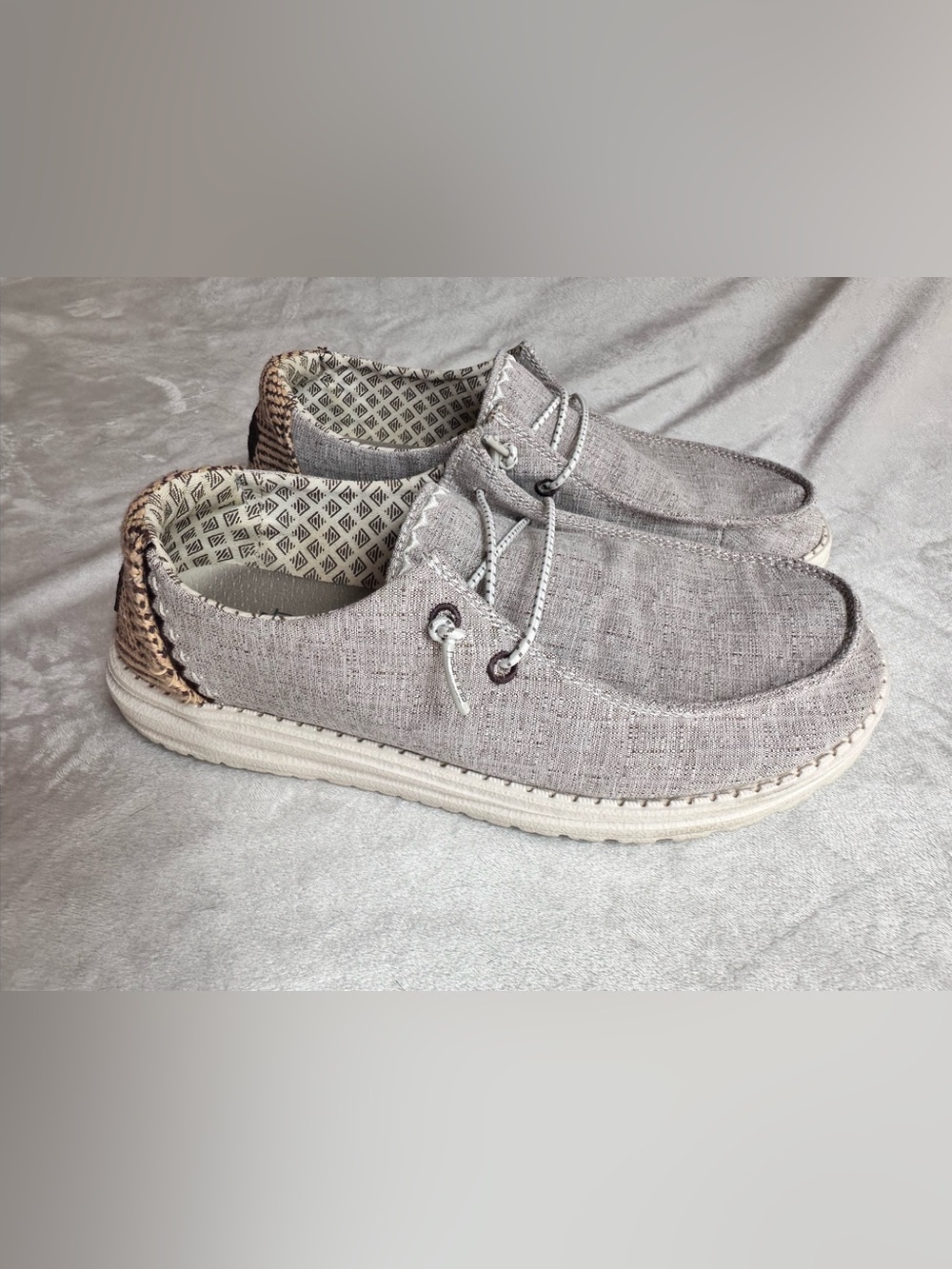 Hey Dude Wendy Linen Slip-Ons in Light Gray and Tan Accent